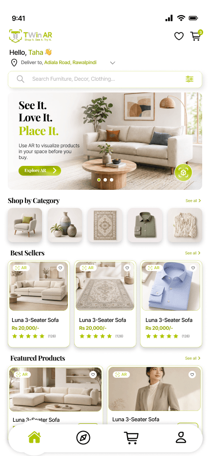 AuraCart AR home storefront screen