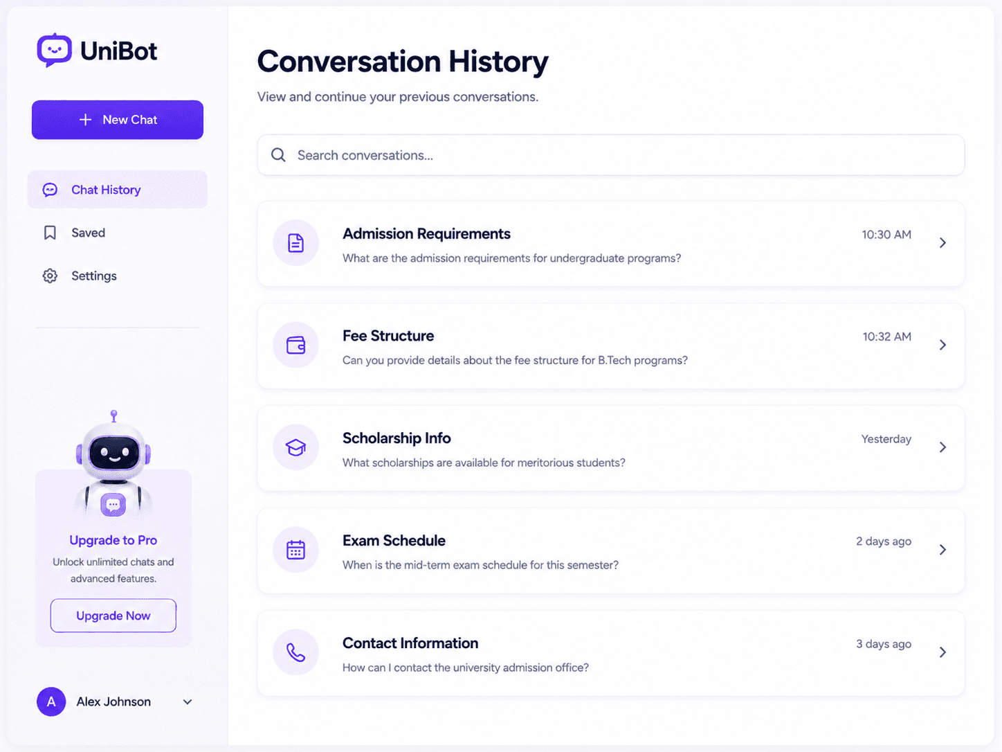 AI University FAQ Chatbot concept showing chat-history entries for admissions, fees, scholarships, exams, and contact information