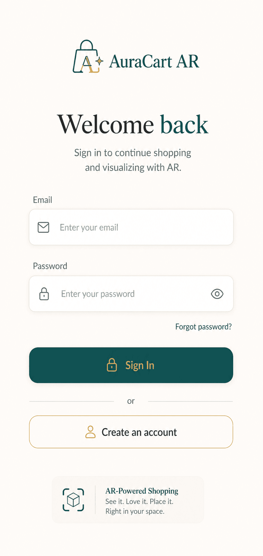 AuraCart AR sign-in interface concept with email and password fields