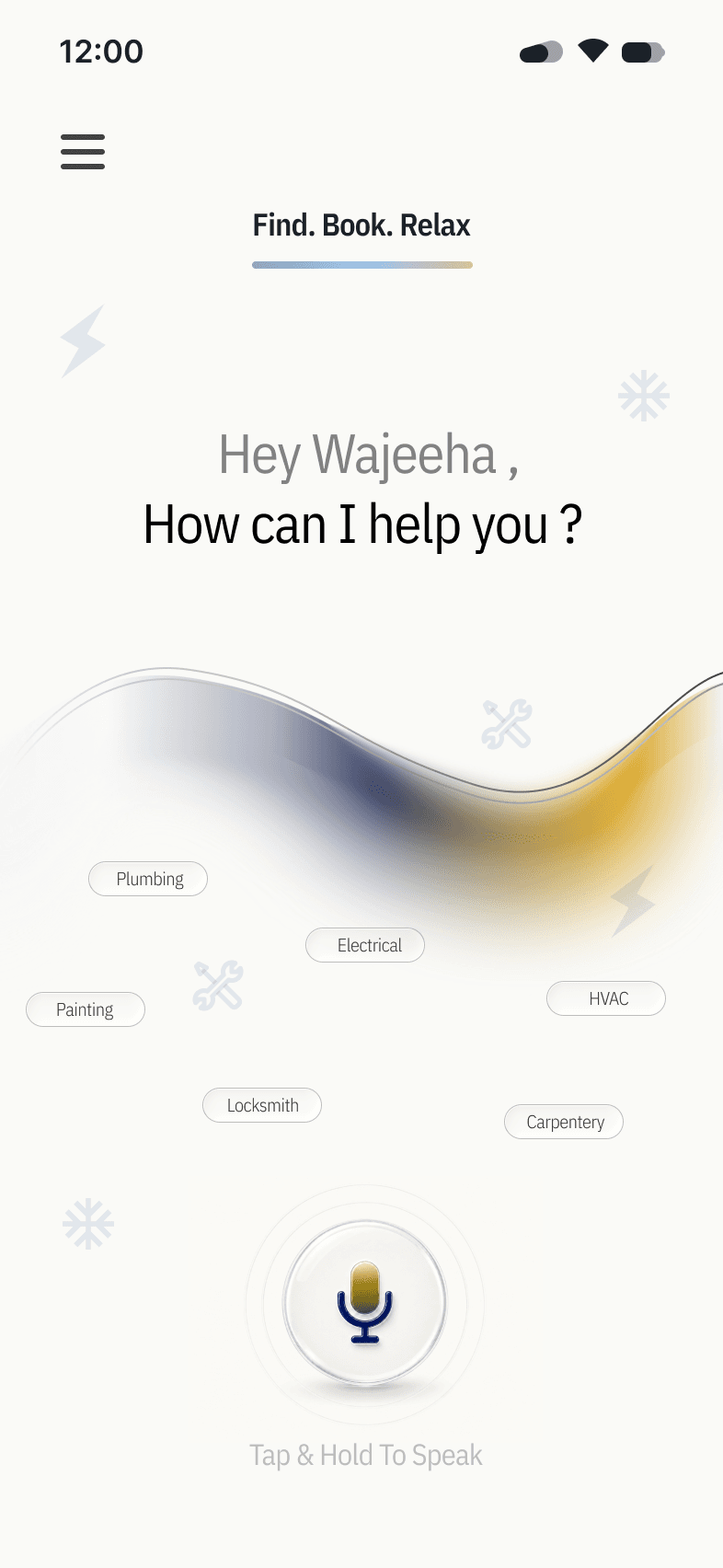 Bulao home screen for voice-first home-service requests
